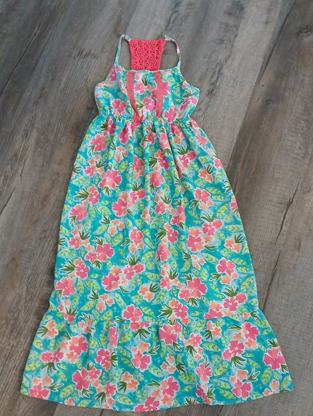 Girls' Turquoise Floral Maxi Pajama Dress with Pink Accents